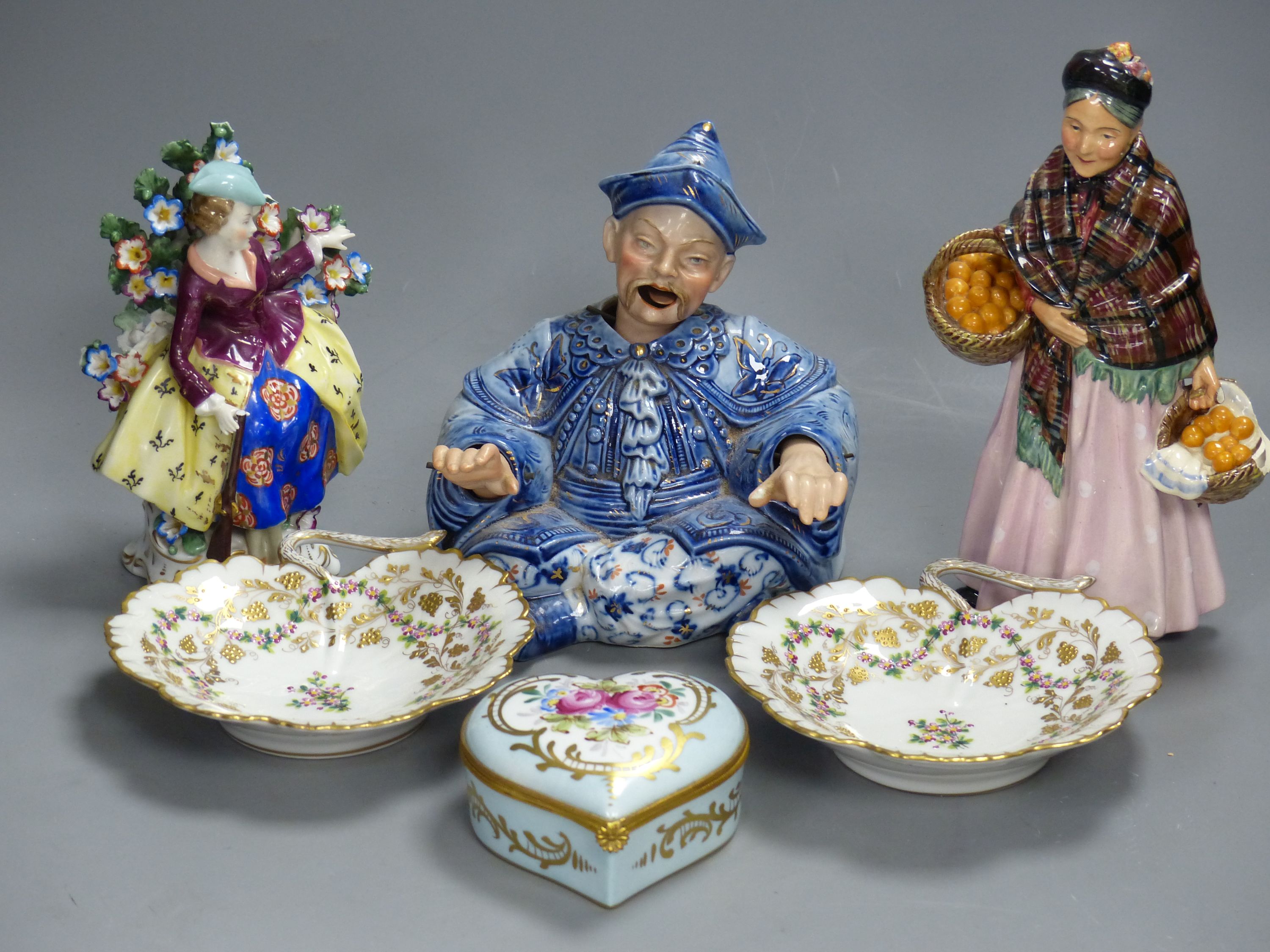 A Continental blue and white nodding figure of a Chinese man, two other figures and three other items